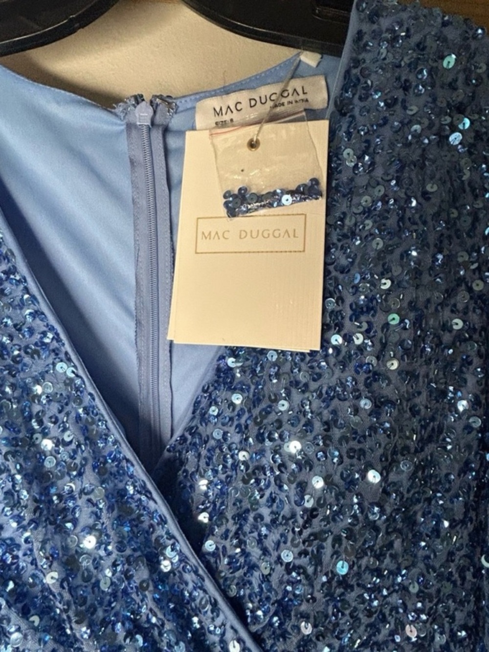Mac Duggal Blue Sequin Long Sleeve V-Neck Gown - Picture 7 of 8
